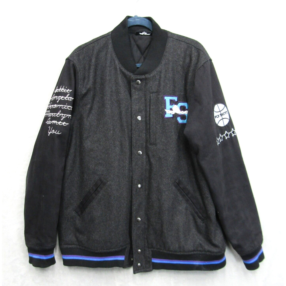 Fly Society Jacket Mens XL Letterman Embroidered Aviator Wool Blend Button Up